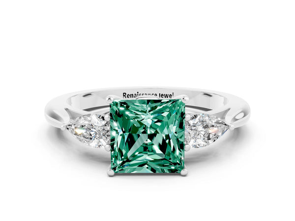 Silver Three-Stone Princess Cut Green Sapphire Ring with Pear  Side Stones in Four-Prong Setting