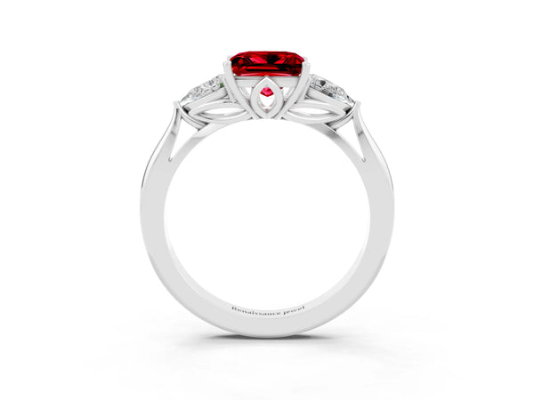 White gold Three-Stone Princess Cut Cut Diamond Ring with Pear Side Stones in Four-Prong Setting