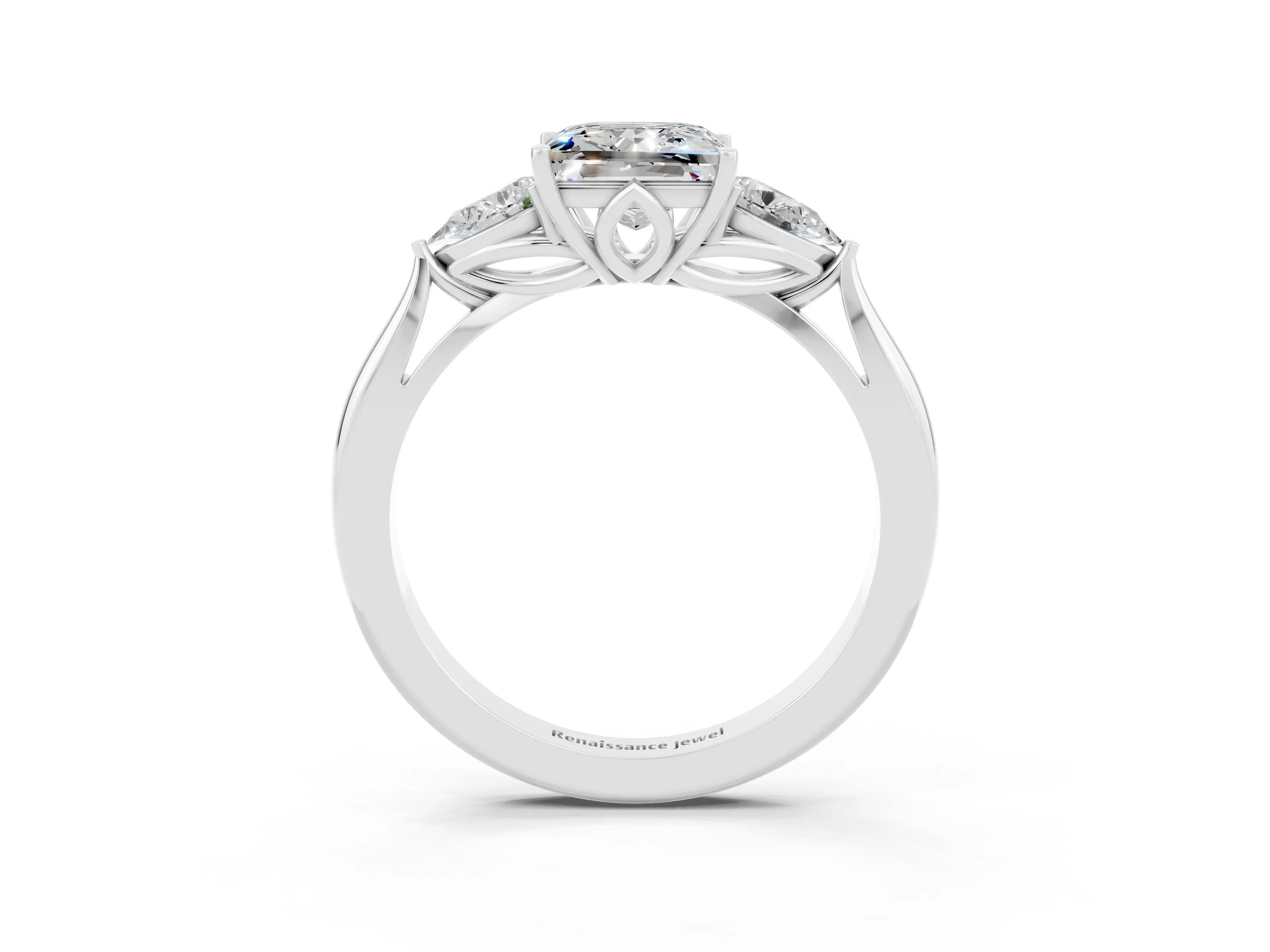 White gold Three-Stone Princess Cut Cut Diamond Ring with Pear Side Stones in Four-Prong Setting_3