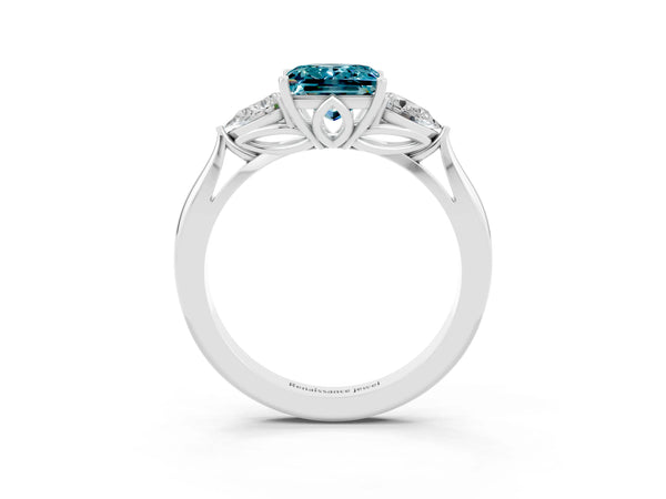 White gold Three-Stone Princess Cut Cut Diamond Ring with Pear Side Stones in Four-Prong Setting