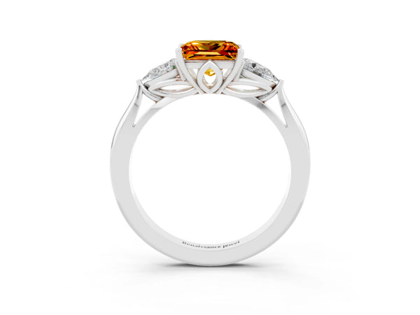 White gold Three-Stone Princess Cut Citrine Ring with Pear  Side Stones in Four-Prong Setting