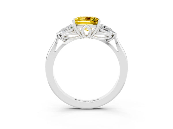 Silver Three-Stone Princess Cut Yellow Sapphire Ring with Pear  Side Stones in Four-Prong Setting