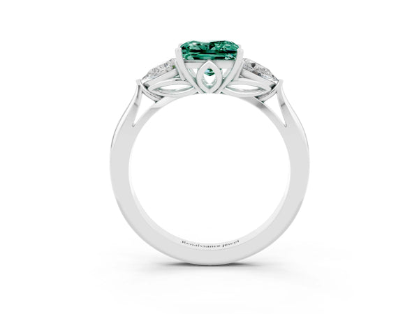 Platinum Three-Stone Princess Cut Green Sapphire Ring with Pear  Side Stones in Four-Prong Setting