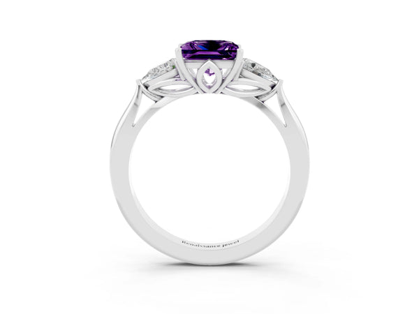 Platinum Three-Stone Princess Cut Amethyst Ring with Pear  Side Stones in Four-Prong Setting