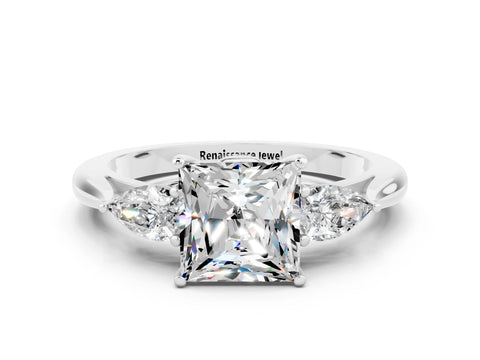 White gold Three-Stone Princess Cut Cut Diamond Ring with Pear Side Stones in Four-Prong Setting