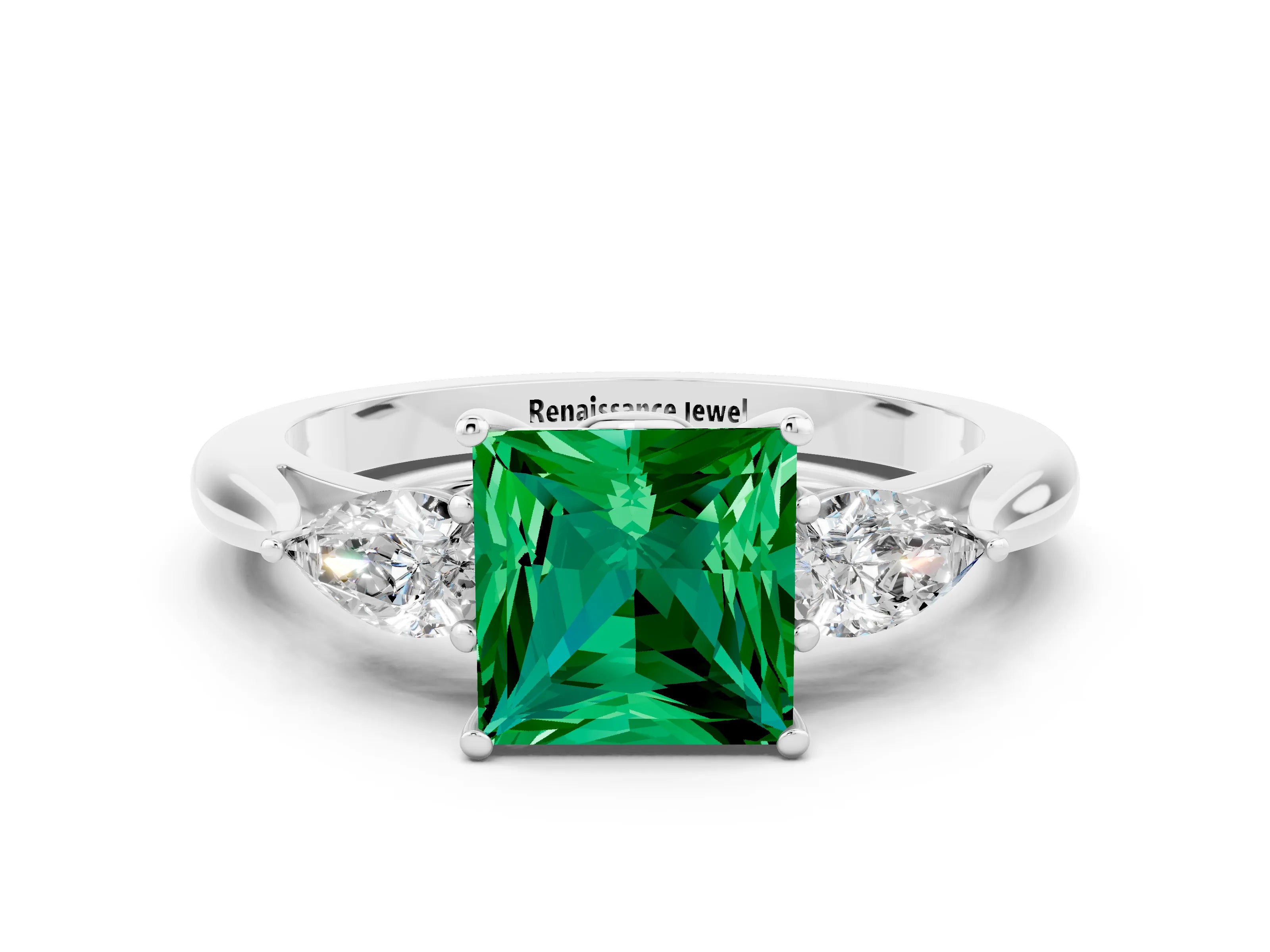 White gold Three-Stone Princess Cut Cut Diamond Ring with Pear Side Stones in Four-Prong Setting