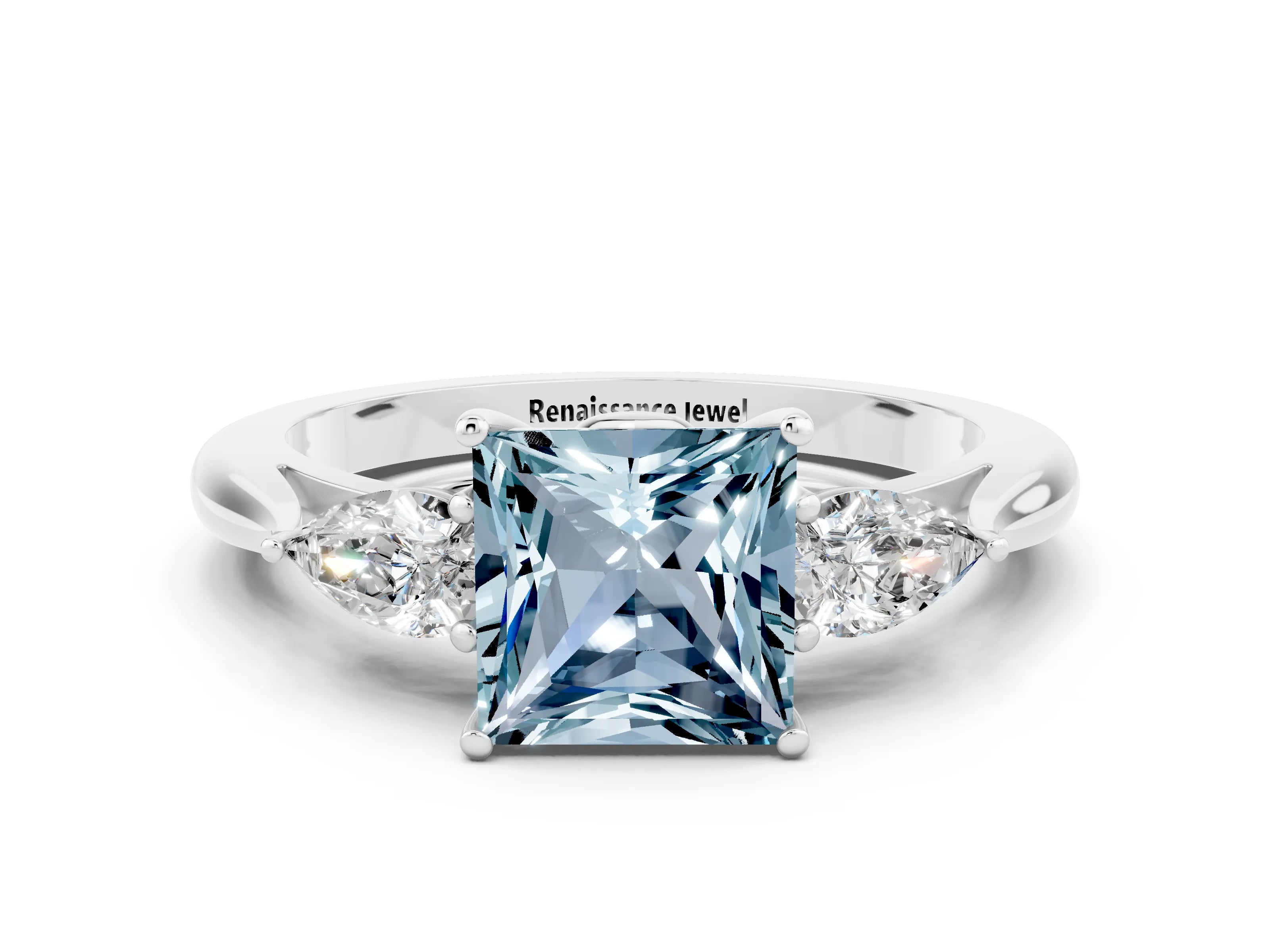 White gold Three-Stone Princess Cut Cut Diamond Ring with Pear Side Stones in Four-Prong Setting