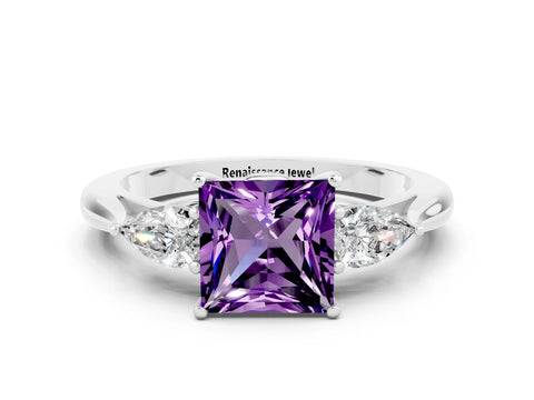 White gold Three-Stone Princess Cut Cut Diamond Ring with Pear Side Stones in Four-Prong Setting