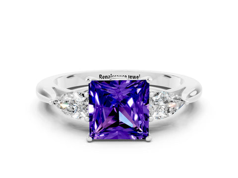 White gold Three-Stone Princess Cut Cut Diamond Ring with Pear Side Stones in Four-Prong Setting
