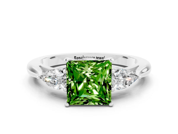 Silver Three-Stone Princess Cut Cut Diamond Ring with Pear Side Stones in Four-Prong Setting