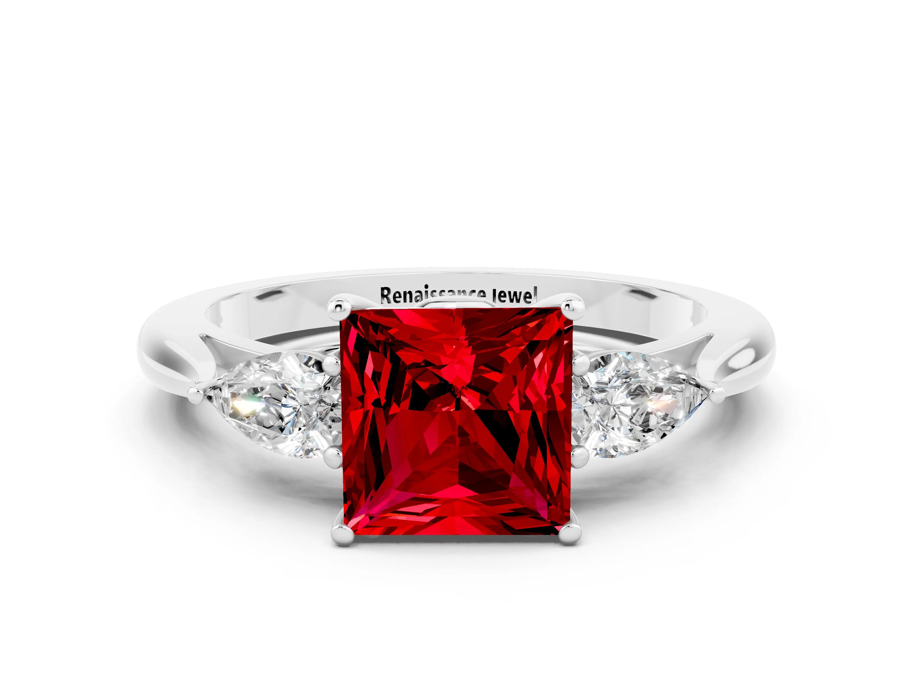 White gold Three-Stone Princess Cut Cut Diamond Ring with Pear Side Stones in Four-Prong Setting