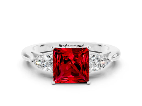 White gold Three-Stone Princess Cut Cut Diamond Ring with Pear Side Stones in Four-Prong Setting