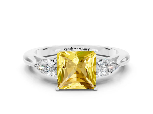 White gold Three-Stone Princess Cut Yellow Sapphire Ring with Pear  Side Stones in Four-Prong Setting