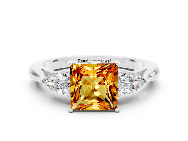 Platinum Three-Stone Princess Cut Citrine Ring with Pear  Side Stones in Four-Prong Setting