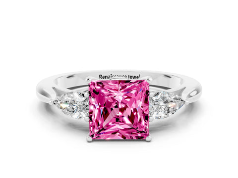 White gold Three-Stone Princess Cut Cut Diamond Ring with Pear Side Stones in Four-Prong Setting