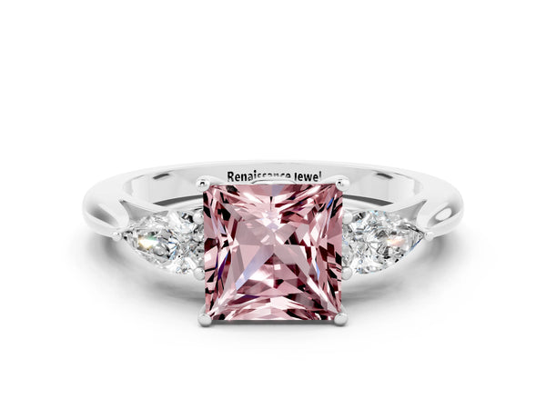 Silver Three-Stone Princess Cut Cut Diamond Ring with Pear Side Stones in Four-Prong Setting