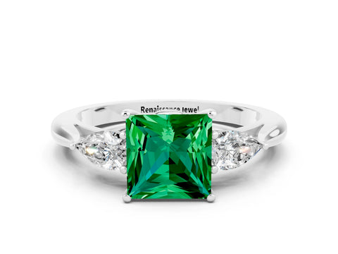 White gold Three-Stone Princess Cut Cut Diamond Ring with Pear Side Stones in Four-Prong Setting