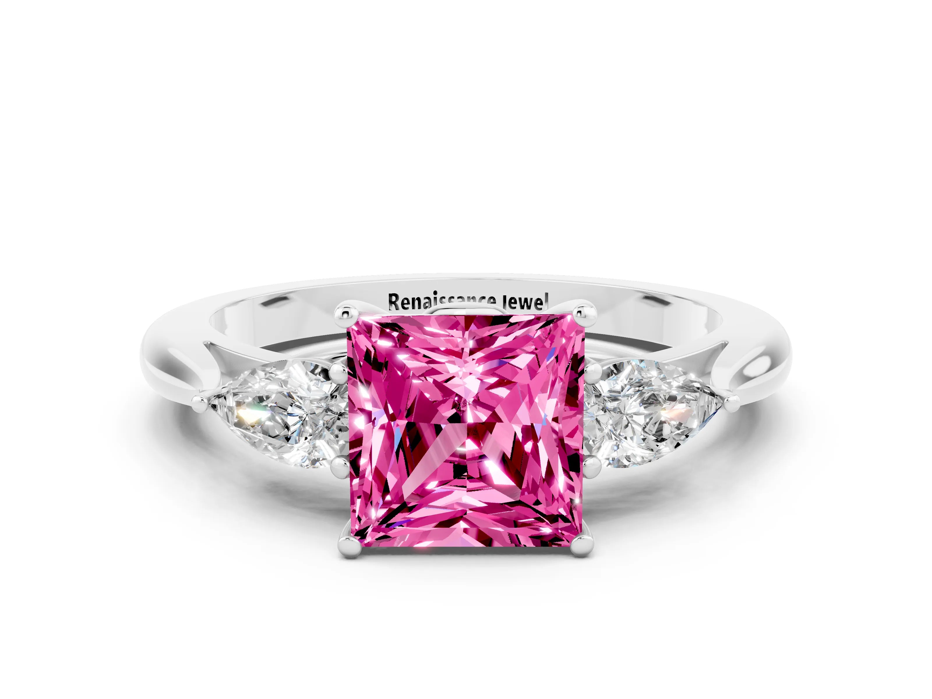 White gold Three-Stone Princess Cut Cut Diamond Ring with Pear Side Stones in Four-Prong Setting