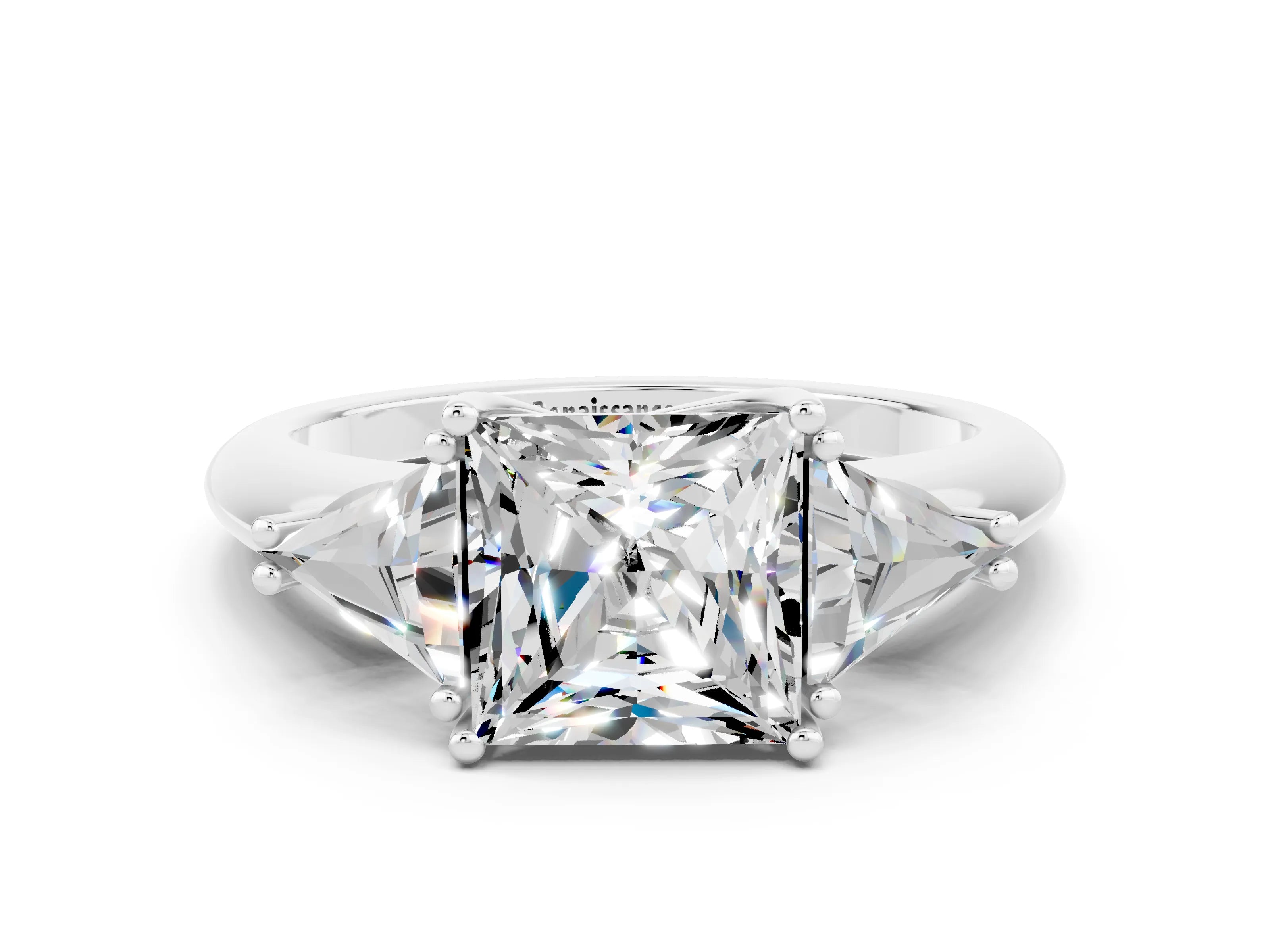 White gold Three-Stone Princess Cut Cut Diamond Ring with Trillion Side Stones and Four-Prong Setting