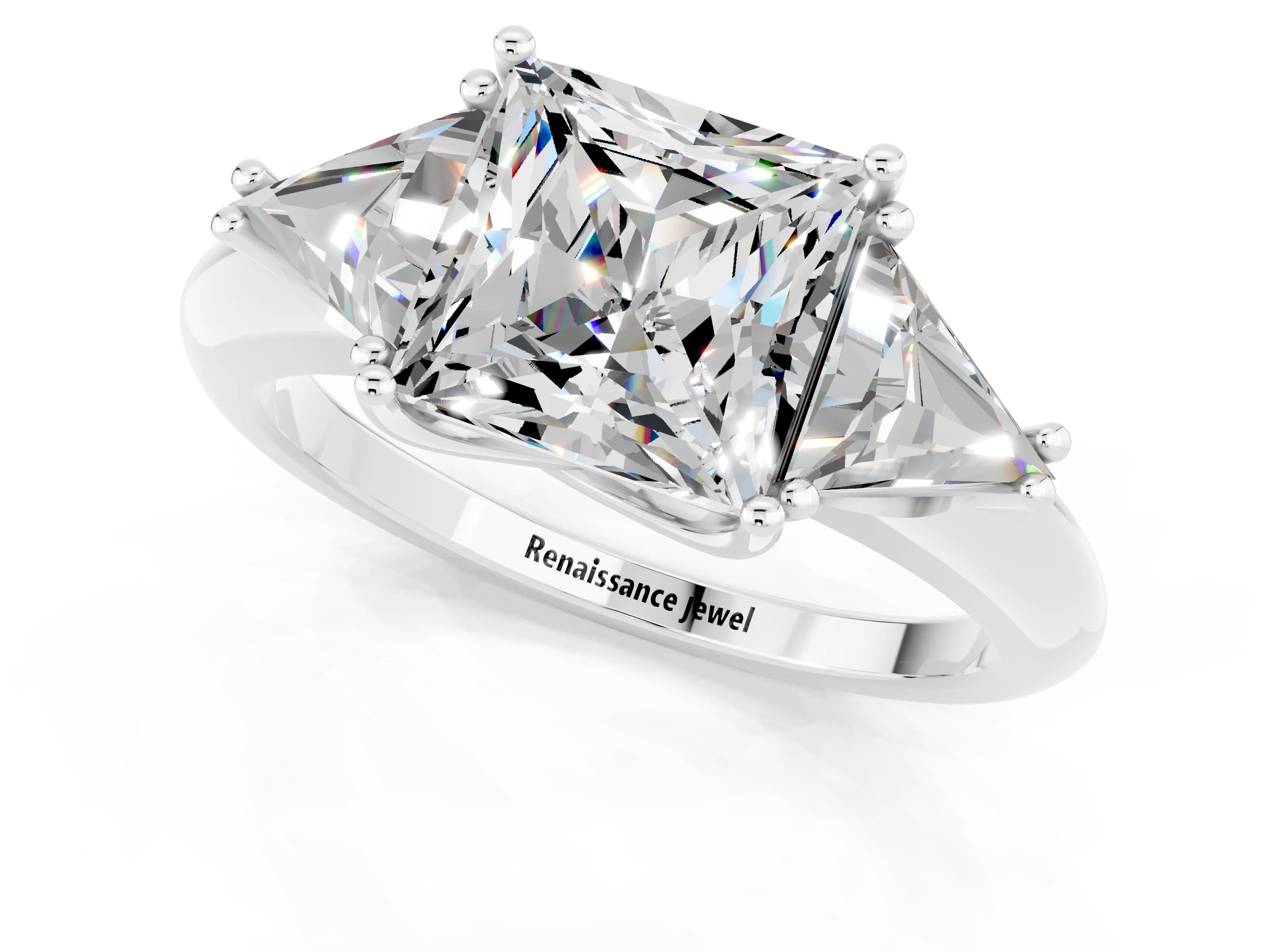 White gold Three-Stone Princess Cut Cut Diamond Ring with Trillion Side Stones and Four-Prong Setting_1