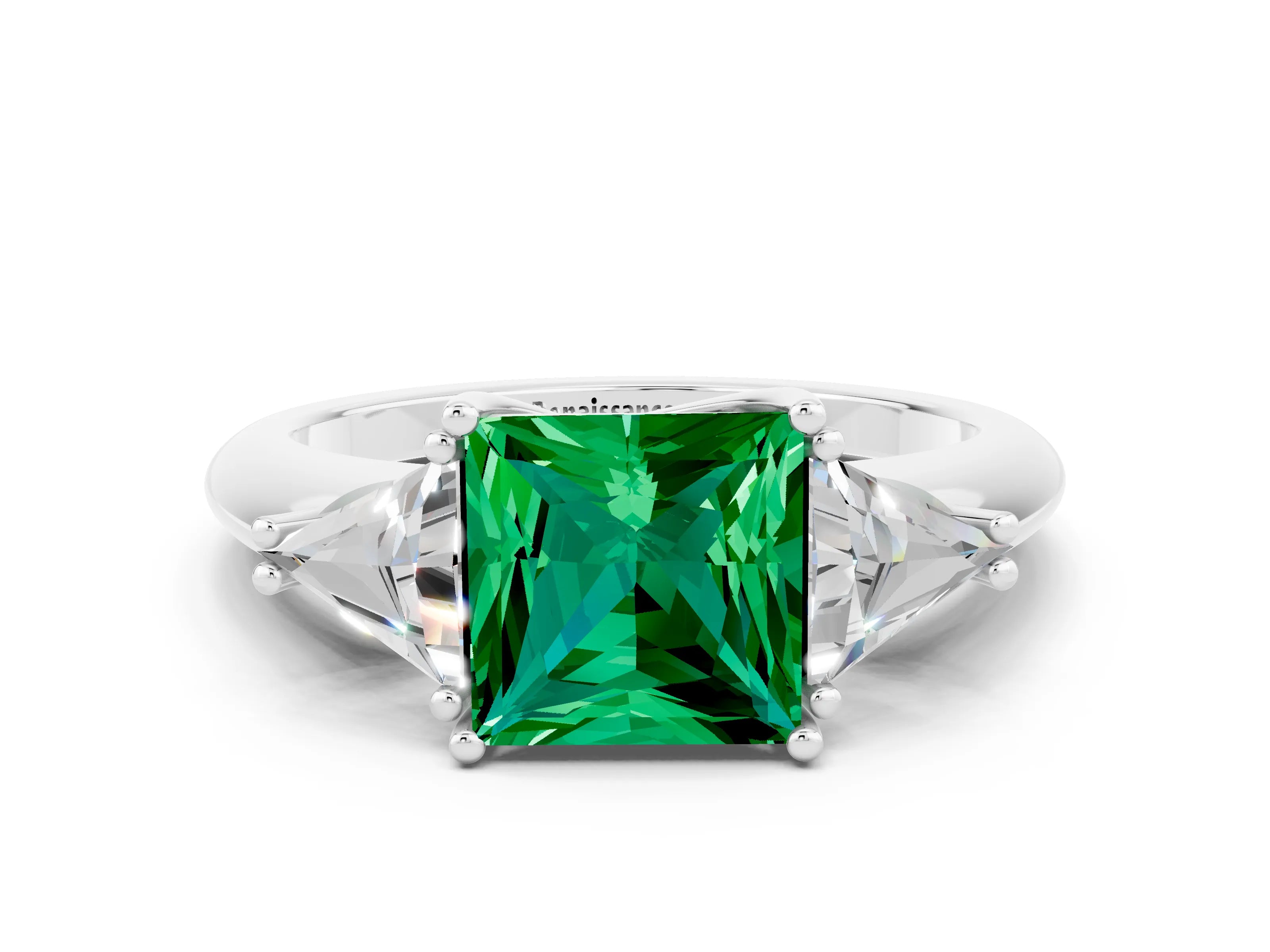 White gold Three-Stone Princess Cut Cut Diamond Ring with Trillion Side Stones and Four-Prong Setting
