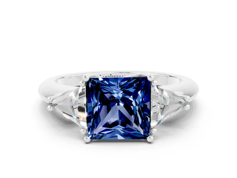 White gold Three-Stone Princess Cut Cut Diamond Ring with Trillion Side Stones and Four-Prong Setting