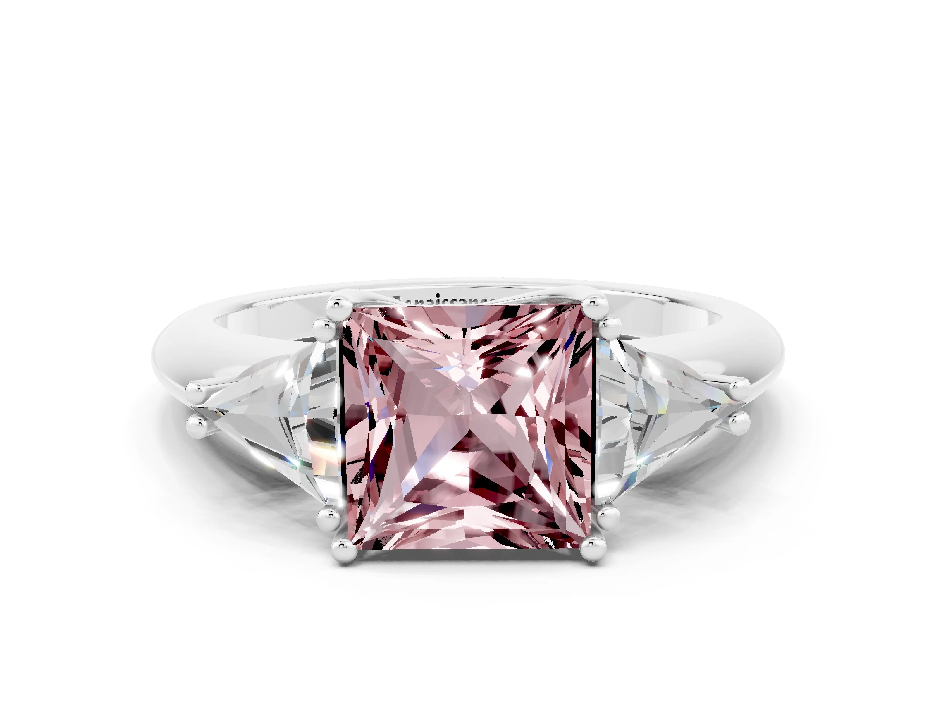 White gold Three-Stone Princess Cut Cut Diamond Ring with Trillion Side Stones and Four-Prong Setting