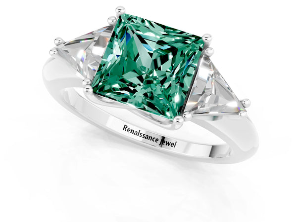 Platinum Three-Stone Princess Cut Green Sapphire Engagement Ring with Trillion Side Stones and Prong Setting