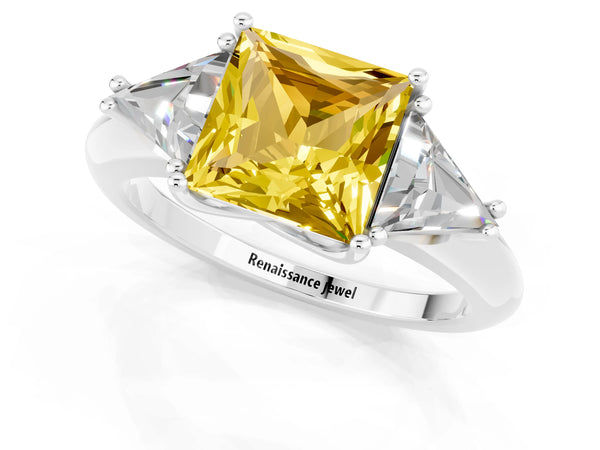 Platinum Three-Stone Princess Cut Cut Diamond Ring with Trillion Side Stones and Four-Prong Setting