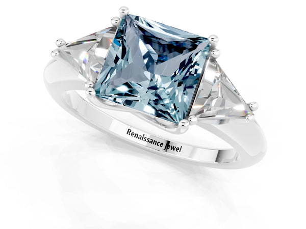 Platinum Three-Stone Princess Cut Cut Diamond Ring with Trillion Side Stones and Four-Prong Setting
