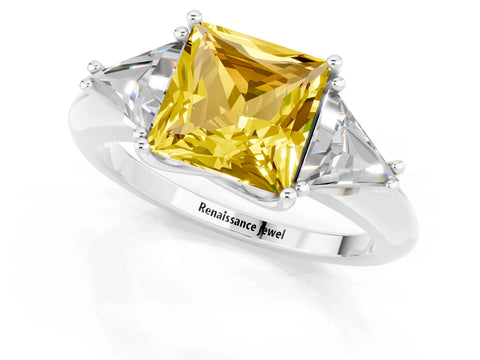 White gold Three-Stone Princess Cut Cut Diamond Ring with Trillion Side Stones and Four-Prong Setting_1