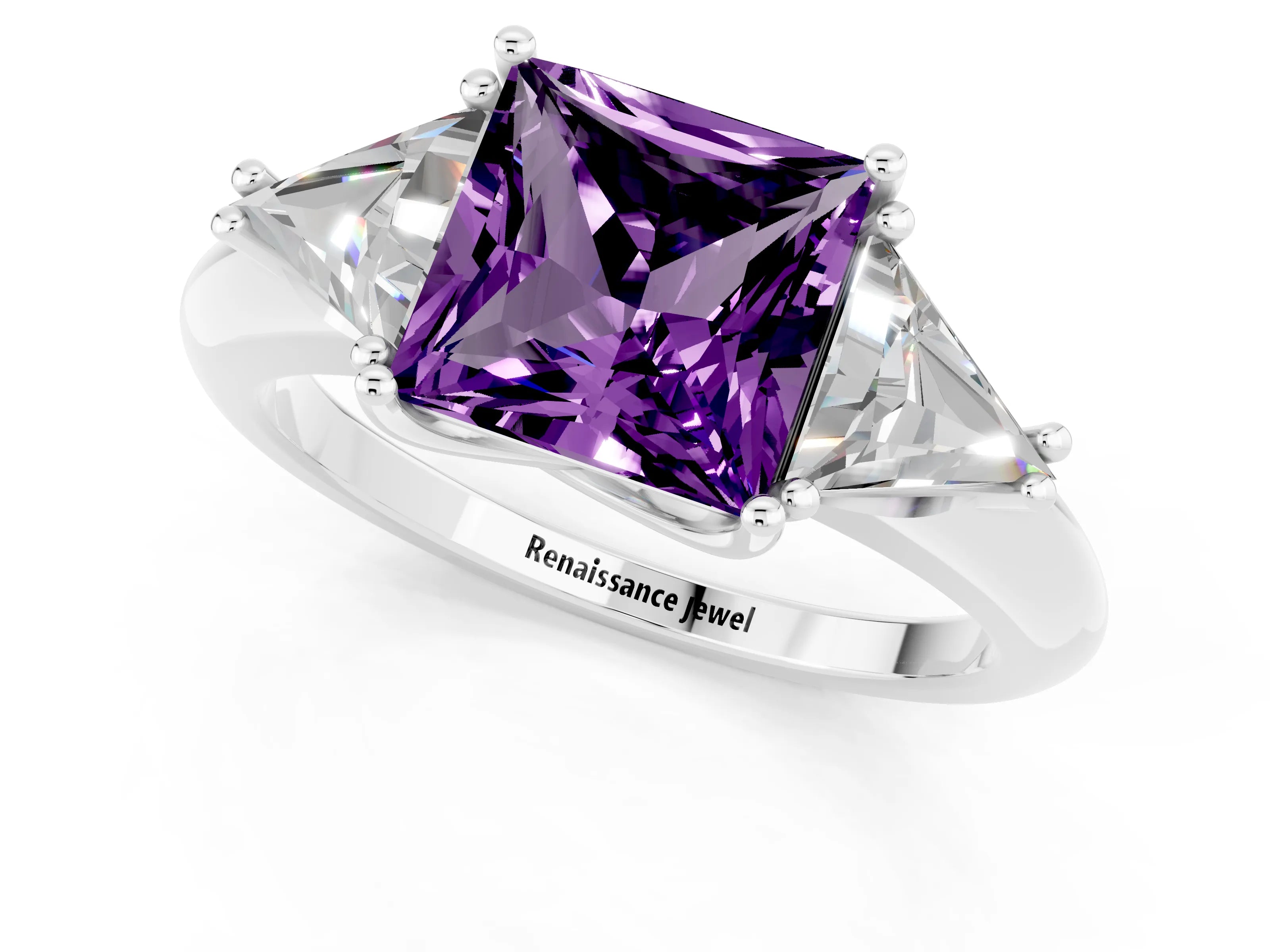 White gold Three-Stone Princess Cut Cut Diamond Ring with Trillion Side Stones and Four-Prong Setting_1