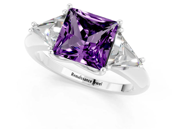 White gold Three-Stone Princess Cut Amethyst Engagement Ring with Trillion Side Stones and Prong Setting