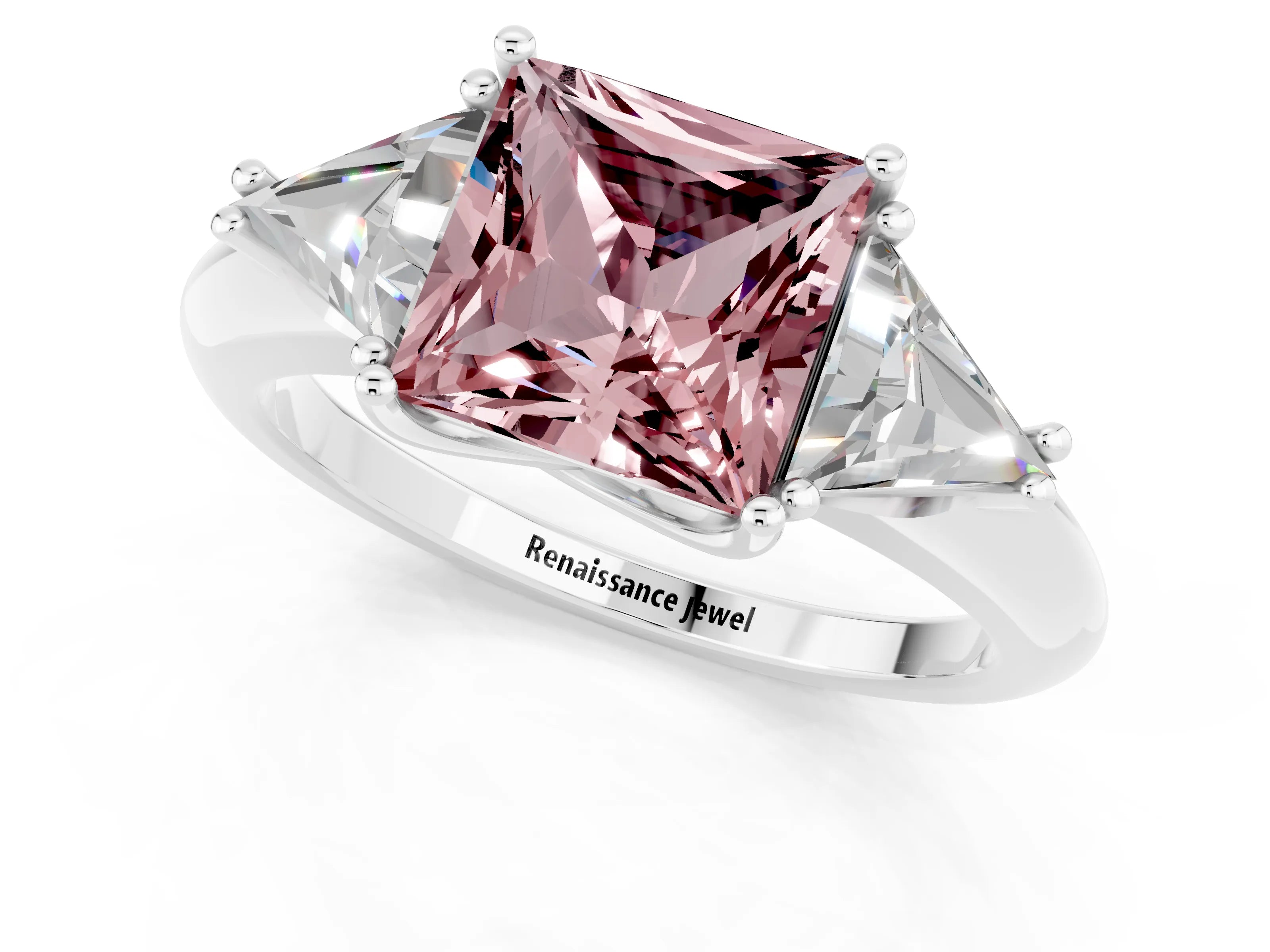White gold Three-Stone Princess Cut Cut Diamond Ring with Trillion Side Stones and Four-Prong Setting_1