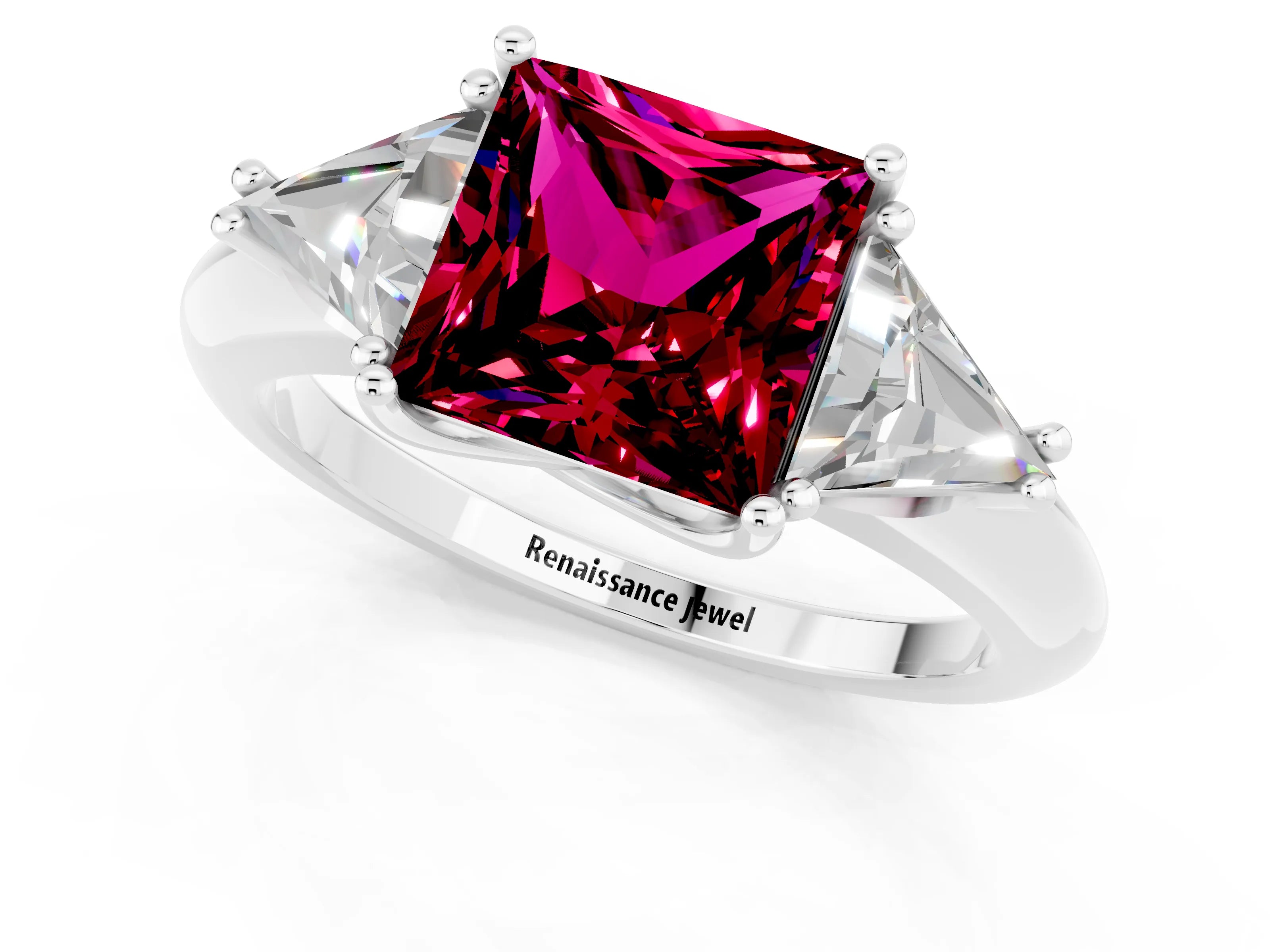 White gold Three-Stone Princess Cut Cut Diamond Ring with Trillion Side Stones and Four-Prong Setting_1