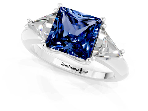 White gold Three-Stone Princess Cut Cut Diamond Ring with Trillion Side Stones and Four-Prong Setting_1