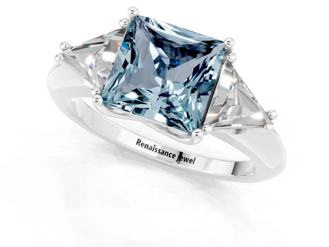 White gold Three-Stone Princess Cut Cut Diamond Ring with Trillion Side Stones and Four-Prong Setting_1