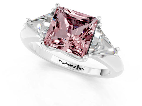 White gold Three-Stone Princess Cut Cut Diamond Ring with Trillion Side Stones and Four-Prong Setting_1