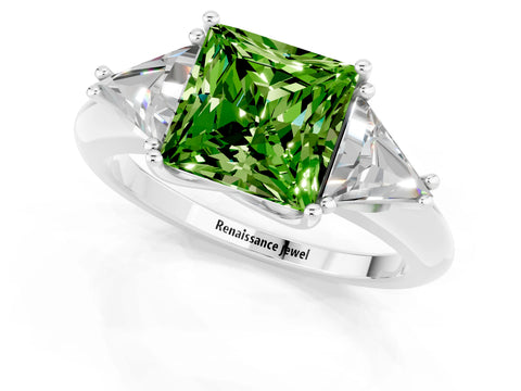 White gold Three-Stone Princess Cut Cut Diamond Ring with Trillion Side Stones and Four-Prong Setting_1