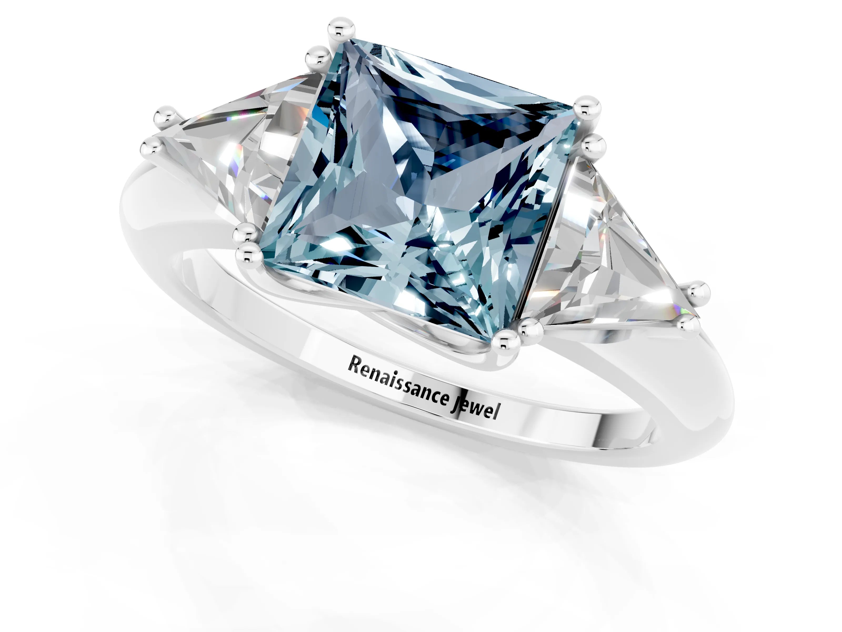 White gold Three-Stone Princess Cut Cut Diamond Ring with Trillion Side Stones and Four-Prong Setting_1