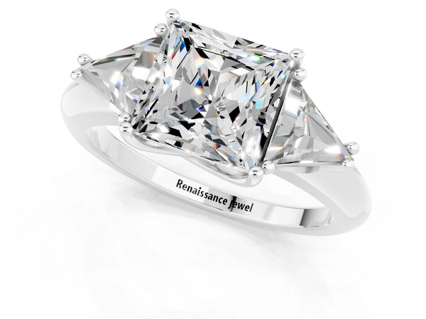 White gold Three-Stone Princess Cut Moissanite Engagement Ring with Trillion Side Stones and Prong Setting