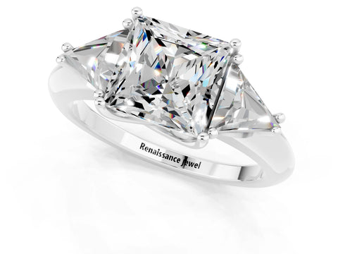 White gold Three-Stone Princess Cut Cut Diamond Ring with Trillion Side Stones and Four-Prong Setting_1