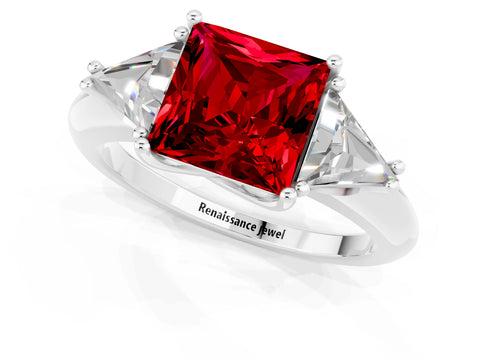 White gold Three-Stone Princess Cut Cut Diamond Ring with Trillion Side Stones and Four-Prong Setting_1