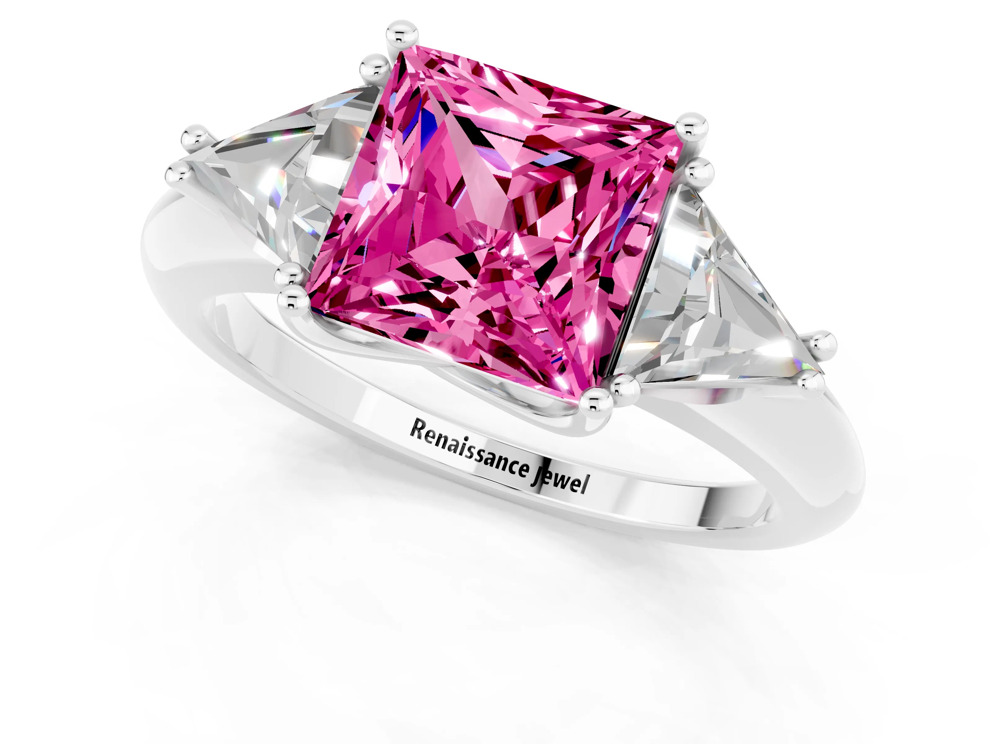 White gold Three-Stone Princess Cut Cut Diamond Ring with Trillion Side Stones and Four-Prong Setting_1
