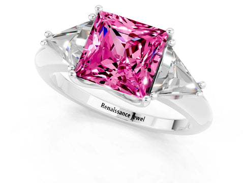 White gold Three-Stone Princess Cut Cut Diamond Ring with Trillion Side Stones and Four-Prong Setting_1