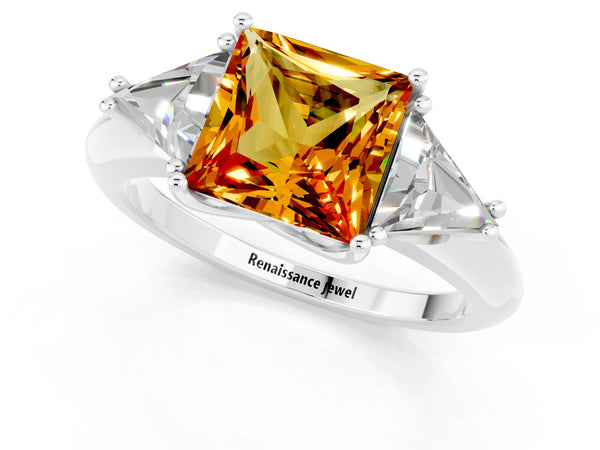 Silver Three-Stone Princess Cut Cut Diamond Ring with Trillion Side Stones and Four-Prong Setting