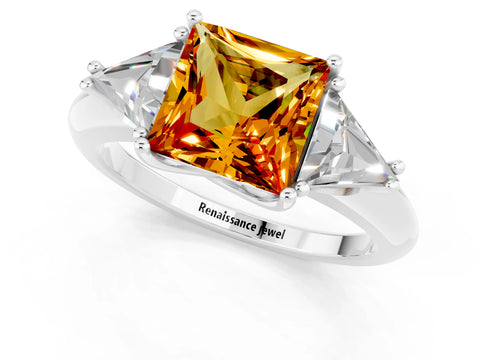 White gold Three-Stone Princess Cut Cut Diamond Ring with Trillion Side Stones and Four-Prong Setting_1