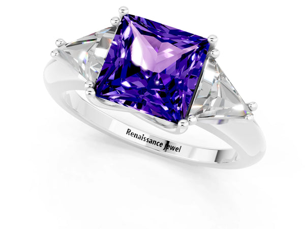 Platinum Three-Stone Princess Cut Tanzanite Engagement Ring with Trillion Side Stones and Prong Setting