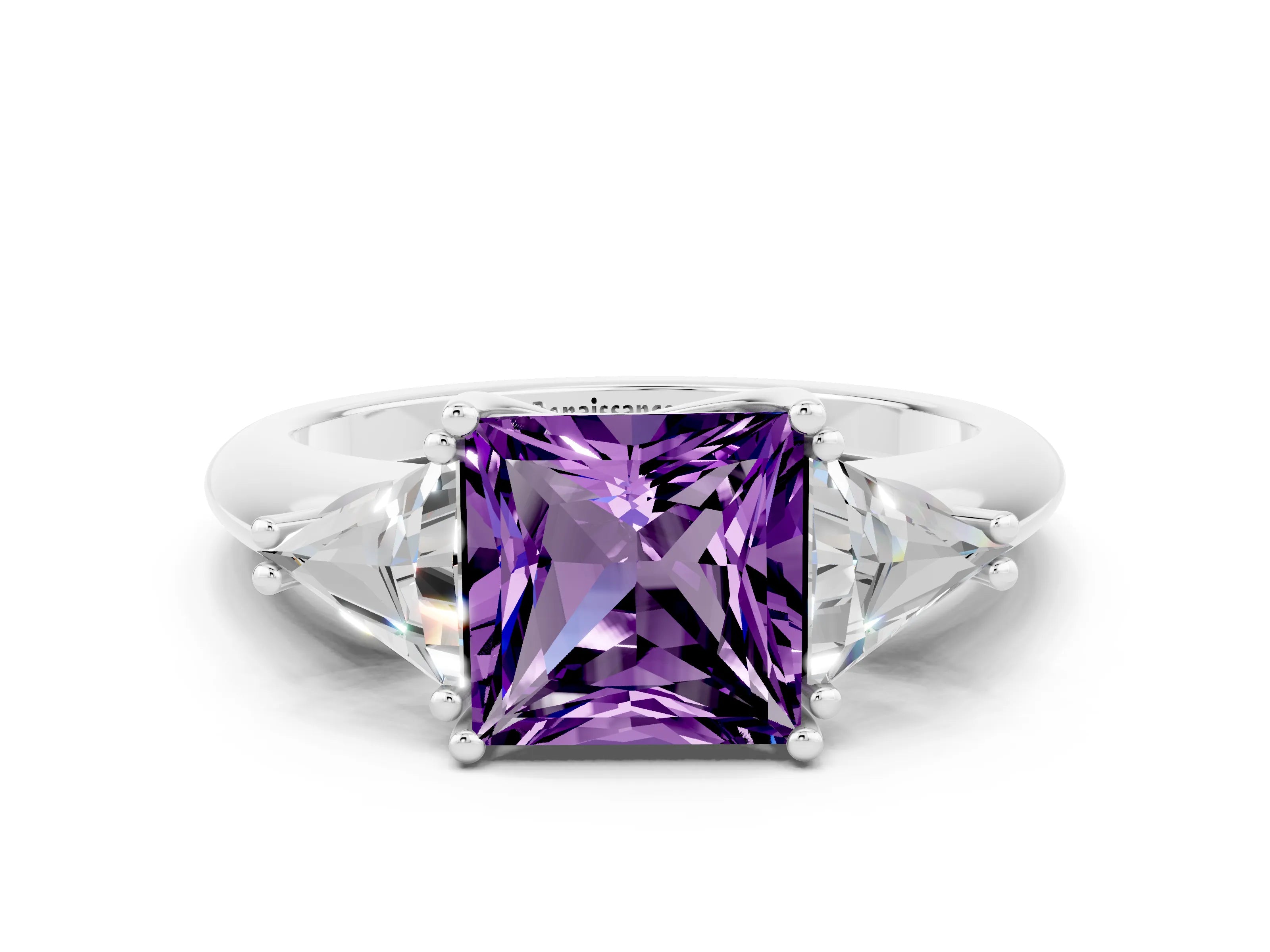 White gold Three-Stone Princess Cut Cut Diamond Ring with Trillion Side Stones and Four-Prong Setting