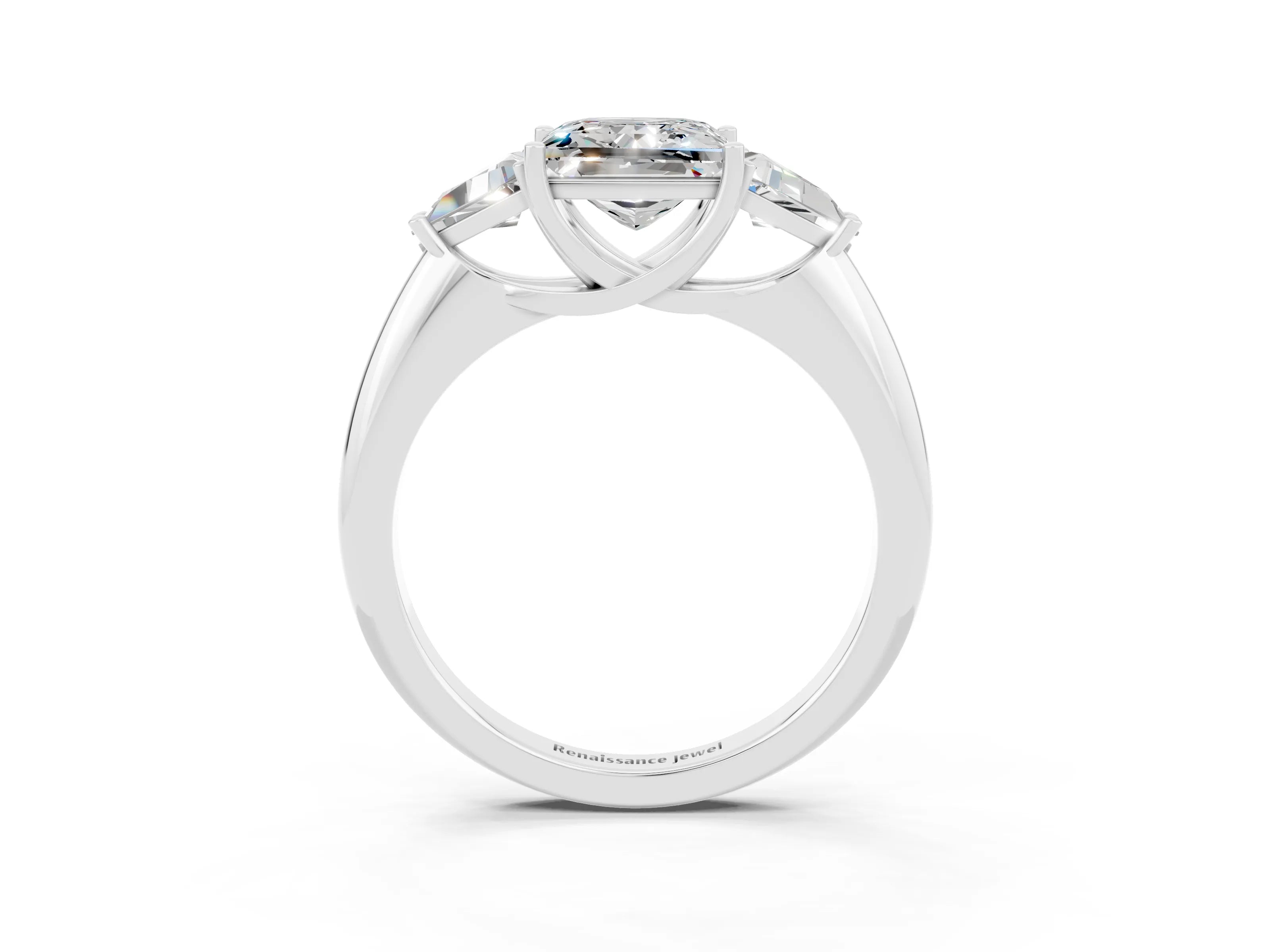 White gold Three-Stone Princess Cut Cut Diamond Ring with Trillion Side Stones and Four-Prong Setting_3